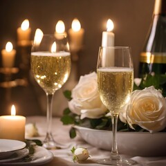 Romantic Evening: Bubbly Glasses, Candlelit Ambiance, and White Roses at a Valentine's Day Dinner