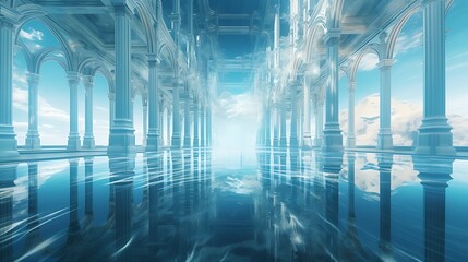 futuristic hall of mirrors, the floor is shallow crystal blue water - obrazy, fototapety, plakaty