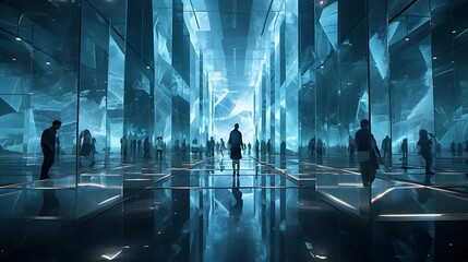 futuristic hall of mirrors, the floor is shallow crystal blue water