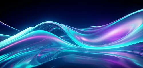 Vibrant neon light graffiti with abstract teal and silver waves on a fluid 3D surface