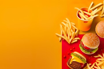 flat lay background of fast food dishes with copy space
