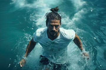 A man with long hair moving in the water. - obrazy, fototapety, plakaty