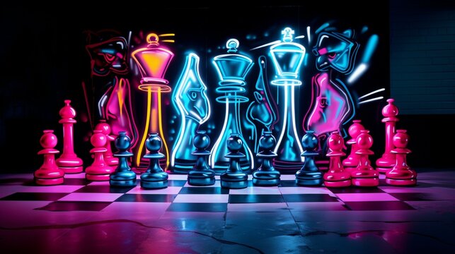 Vibrant neon light graffiti with a series of black and white chess pieces on a strategic 3D surface