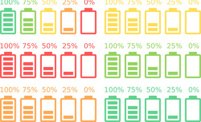 Battery charge indicator icons,charge level,charge power, Discharged and fully charged battery,Battery charge from high to low,Battery icons set,Vector Illustration.