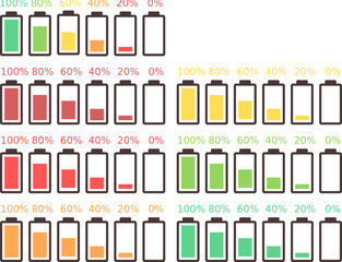 Battery charge indicator icons,charge level,charge power, Discharged and fully charged battery,Battery charge from high to low,Battery icons set,Vector Illustration.