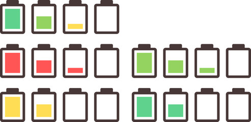Battery charge indicator icons,charge level,charge power, Discharged and fully charged battery,Battery charge from high to low,Battery icons set,Vector Illustration.