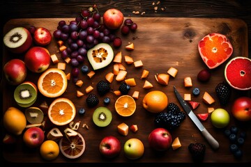 Seasonal Fruit Cut Up And Arranged On A Wooden Board, Aesthetic, Warm Dramatic Lighting, Medieval-