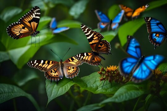 Hieroglyph photo of butterflies. animals. enchanted kingdom showing beautiful forest with water and lots of flowers-
