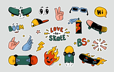 Skate stickers. Cool skateboard sport. Street skater prints for summer T-shirt. Board with art quote patches. Skateboarding labels. Trendy badges design set. Vector graphic illustrations - obrazy, fototapety, plakaty