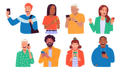 People use phones. Set of characters of men and women of different ages using smartphones - 694226143
