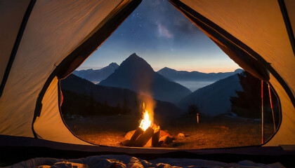 View from tourist camping tent on top of mountain at nighttime
