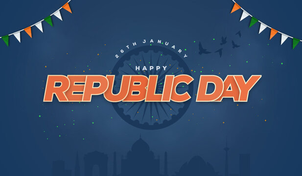 Happy Republic Day Calligraphic Typography Text with Tri Color Indian Flag Background Design, Greeting Card, Cover, Banner. Vector Template