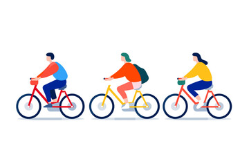 Fototapeta premium In a lively and colorful illustration against a white background, three people joyfully ride bicycles together, creating a dynamic and energetic scene.