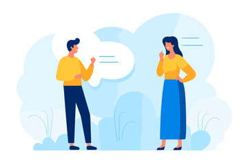 A simple and engaging illustration featuring two people talking face to face, with speech bubbles connecting them against a clean white background.