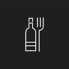 Restaurant logo with knife, fork and wine bottle in negative space. Food and wine symbol design. Creative emblem for restaurant or wine bar.