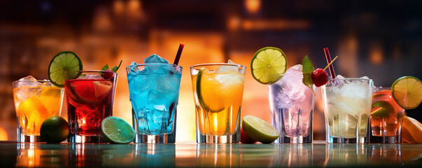 Alcoholic cocktail row on bar table, colorful party drinks - obrazy, fototapety, plakaty