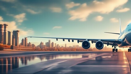 Fototapeta na wymiar travel airplane landing in beautiful city cinematic wallpaper