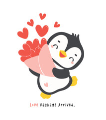 Obraz na płótnie Canvas Cute penguin Valentine with red hearts bouquet cartoon drawing, Kawaii animal character illustration.
