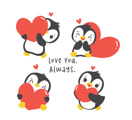 Cute penguins Valentine with heart cartoon drawing set, Kawaii animal character illustration collection.