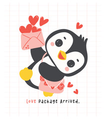Cute penguin Valentine delivery love mail cartoon drawing, Kawaii animal character illustration.