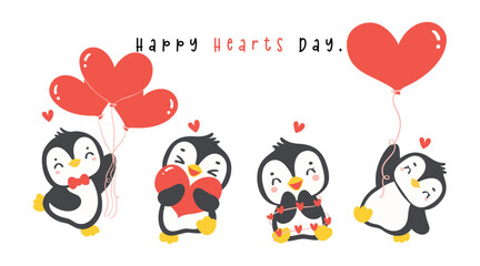 Cute penguins with heart cartoon drawing, Kawaii Valentine animal character illustration banner.