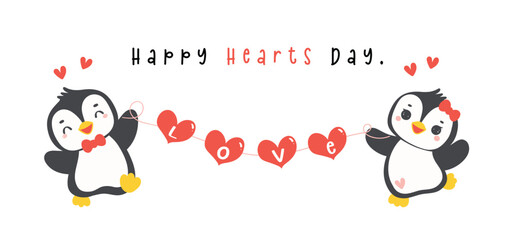 Cute penguins Valentine with heart garland cartoon drawing, Kawaii animal character illustration banner.