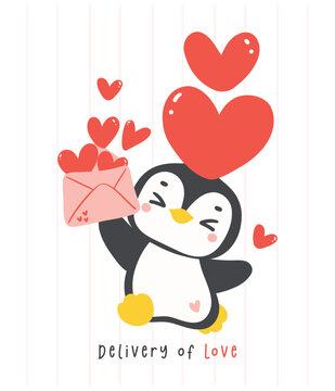 Cute penguin Valentine with love mail cartoon drawing, Kawaii animal character illustration.