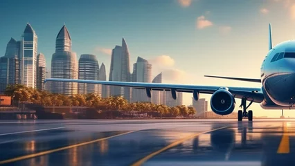 Zelfklevend Fotobehang travel airplane landing in beautiful city cinematic wallpaper © Young