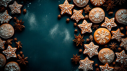 Banner with Christmas cookies and spices. Winter postcard with copy space. Generative AI	
