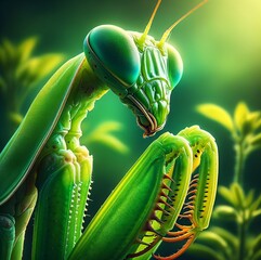 Close-up Shot of a Green Mantis on a Plant in Nature