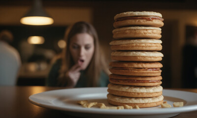 Carbs, stack of cracker sandwiches, woman in background eating