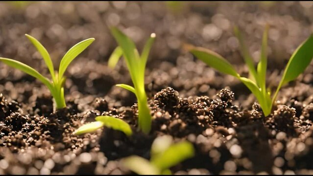 New born baby plants sprouts blushing in pure soil also absorb sunrays for photosynthesis process close up slow motion Timelapse, Sprouts germination growth in nursery greenhouse agricultural.  