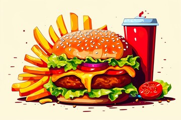 set of delicious fast food with burger, fries and drinks illustration