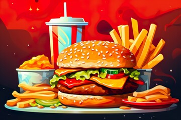 set of delicious fast food with burger, fries and drinks illustration