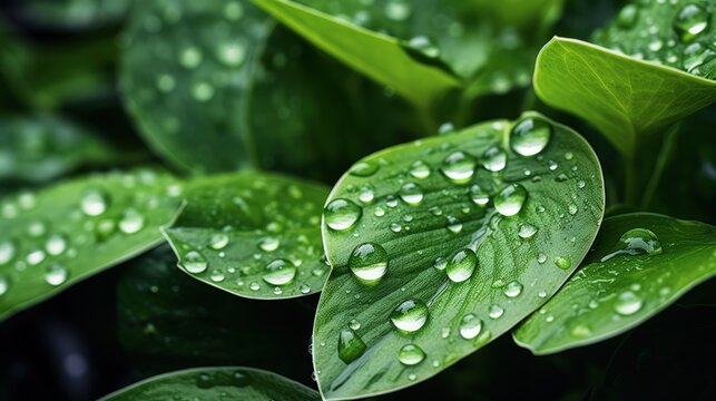 Gentle raindrops lightly tap on the lush green leaves