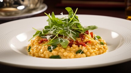 a gourmet risotto dish, its creamy texture and vibrant ingredients showcased on a white plate, promising a luxurious and comforting culinary experience.