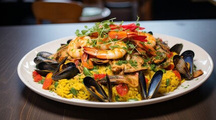 a gourmet seafood paella, its colorful array of ingredients and rich saffron-infused rice showcased on a clean white plate.
