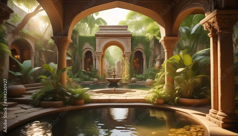 Wall mural A hidden jungle place with stone furniture, vines, secret garden, golden water fountain ai generation