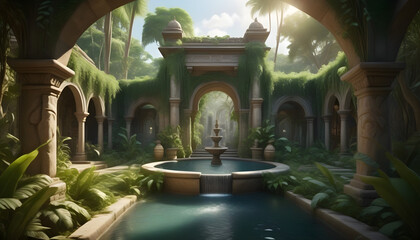 A hidden jungle place with stone furniture, vines, secret garden, golden water fountain ai...