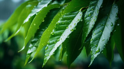 soursop leaves in the damp morning, natural lighting, close up. generative AI
