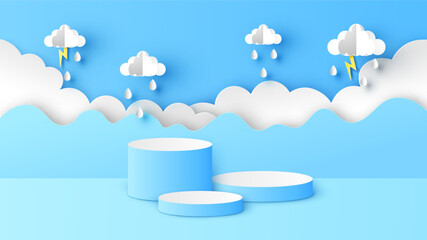 Circular stage podium for rainy season decorated with cloud, rain drops, lightning and blank space. Rainy season backdrop. paper cut and craft style. vector, illustration.