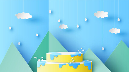 Circular stage podium for rainy season with water splash decorated with cloud, rain drops, mountain view and blank space. Rainy season backdrop. paper cut and craft style. vector, illustration.
