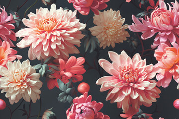 Seamless pattern featuring an array of chrysanthemums in full bloom, with pink and coral hues seamlessly set on a dark background. This design perfect for fabric, wallpaper, or graphic projects. - 694231978