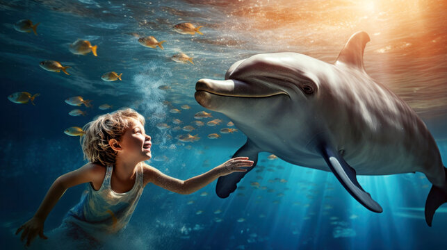 Blonde hair boy playing with a dolphin in a huge pool with a ball. Strong friendship between a child and an animal