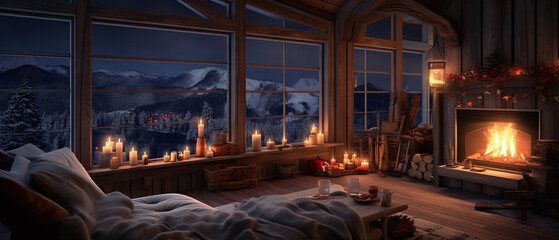 A cozy candle-lit interior with a mountain view, hotel interior