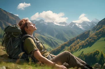 Rolgordijnen Image generated with AI. Hiker woman with backpack relaxing and resting with eyes closed enjoying nature in the mountains on a sunny spring day © Oscar