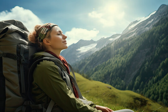 Image generated with AI. Hiker woman with backpack relaxing and resting with eyes closed enjoying nature in the mountains on a sunny spring day