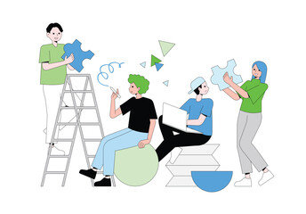 Creative team creating new, building abstract structure, working under corporate project. Business and creativity process, teamwork concept. 