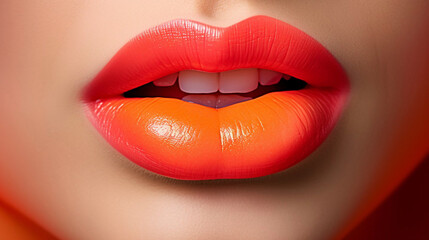 Orange lipstick on a woman's lips.