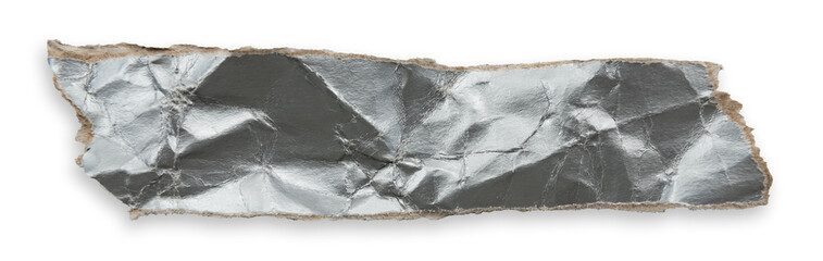 A piece of crumpled silver paper with folds and wrinkles on a white background. Torn paper or...